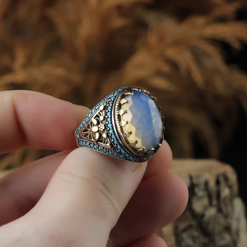 Zyan Gems | Unique Designed Turkish Style Ring with Natural Rainbow Moonstone |  Sterling Silver Oxidized Ring