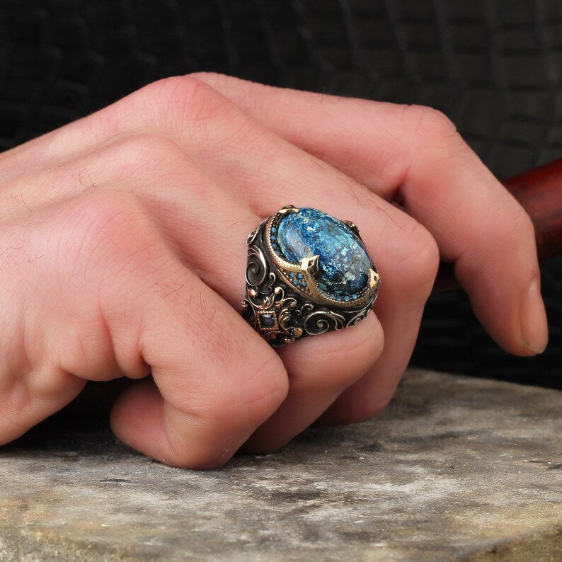 Zyan Gems | Unique Designed Turkish Style Ring with Natural IraniTurquoise (Firoza) |  Sterling Silver Oxidized Ring