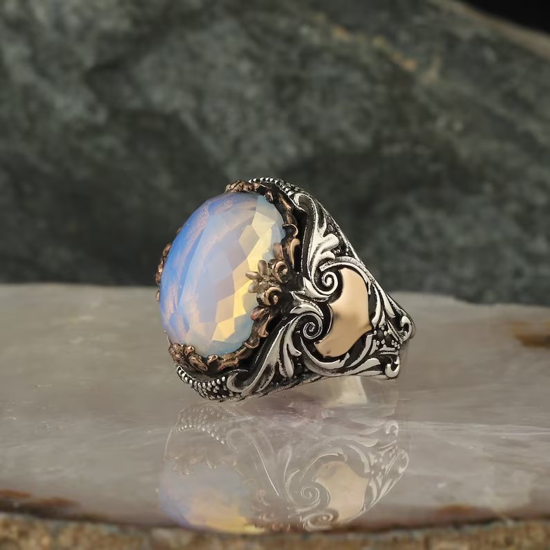 Zyan Gems | Unique Designed Turkish Style Ring with Natural Rainbow Moonstone |  Sterling Silver Oxidized Ring