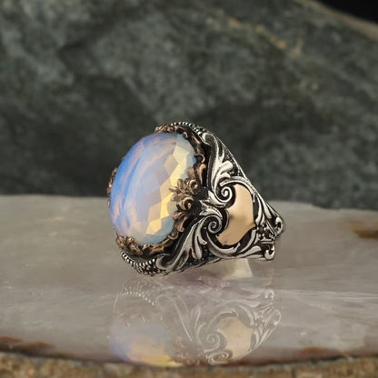 Zyan Gems | Unique Designed Turkish Style Ring with Natural Rainbow Moonstone |  Sterling Silver Oxidized Ring
