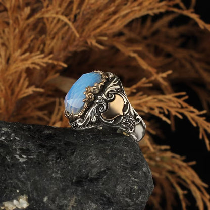 Zyan Gems | Unique Designed Turkish Style Ring with Natural Rainbow Moonstone |  Sterling Silver Oxidized Ring