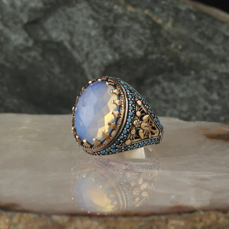 Zyan Gems | Unique Designed Turkish Style Ring with Natural Rainbow Moonstone |  Sterling Silver Oxidized Ring