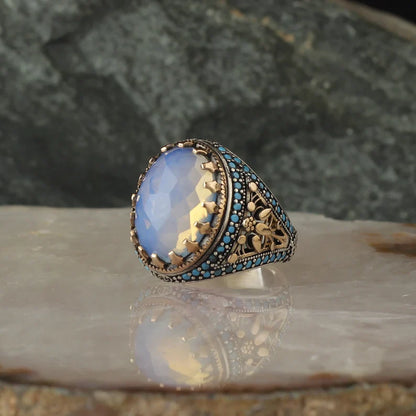 Zyan Gems | Unique Designed Turkish Style Ring with Natural Rainbow Moonstone |  Sterling Silver Oxidized Ring