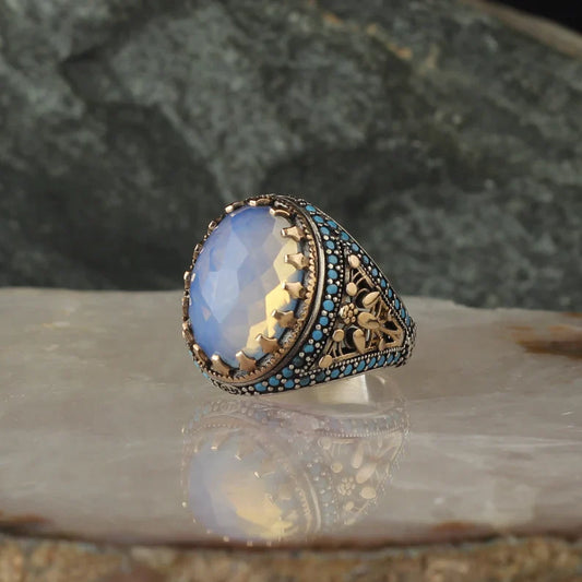 Zyan Gems | Unique Designed Turkish Style Ring with Natural Rainbow Moonstone |  Sterling Silver Oxidized Ring