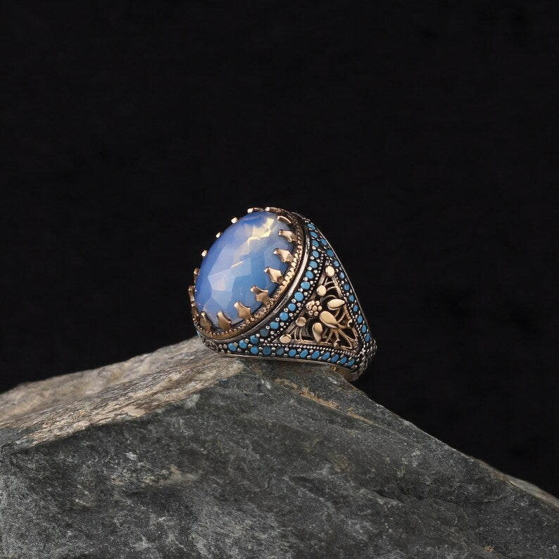 Zyan Gems | Unique Designed Turkish Style Ring with Natural Rainbow Moonstone |  Sterling Silver Oxidized Ring