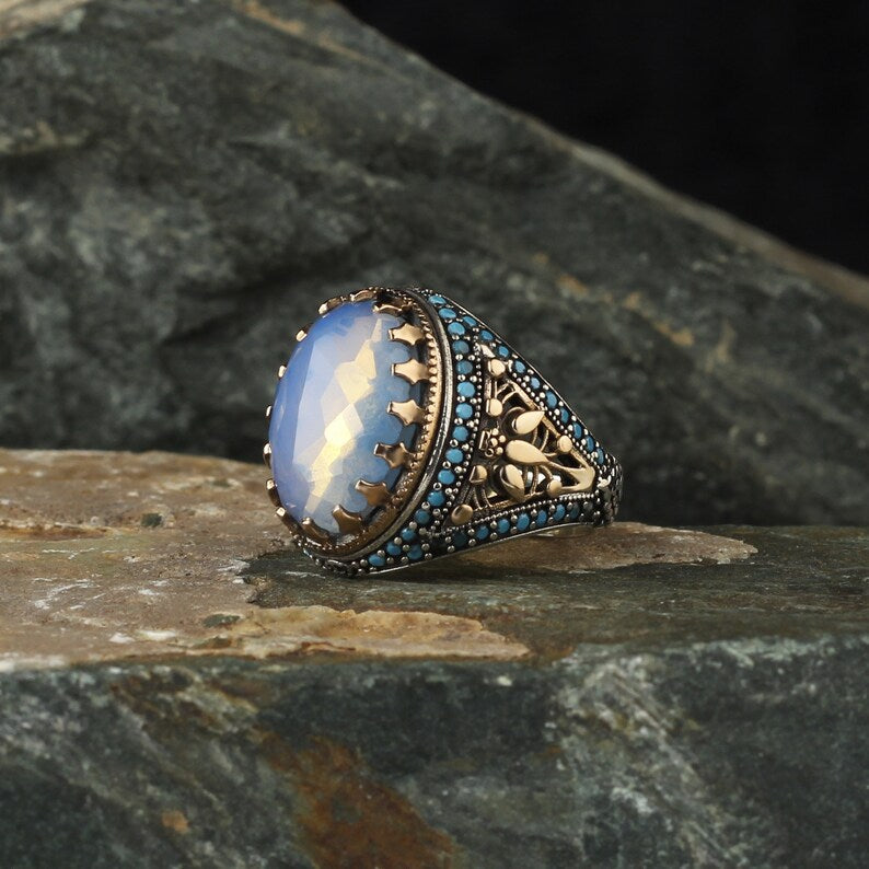 Zyan Gems | Unique Designed Turkish Style Ring with Natural Rainbow Moonstone |  Sterling Silver Oxidized Ring
