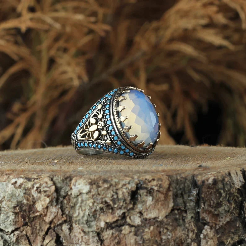 Zyan Gems | Unique Designed Turkish Style Ring with Natural Rainbow Moonstone |  Sterling Silver Oxidized Ring