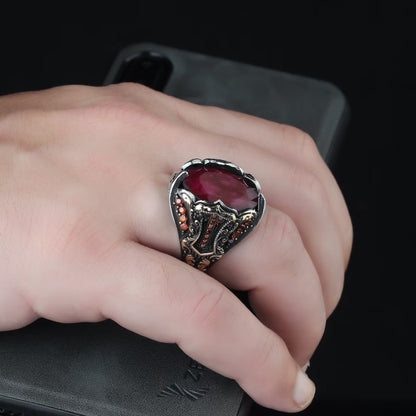 Zyan Gems | Unique Designed Turkish Style Heavy Ring with Natural Red Ruby GOLD PLATED Micron Plated  Sterling Silver Oxidized Ring