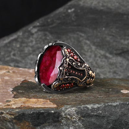 Zyan Gems | Unique Designed Turkish Style Heavy Ring with Natural Red Ruby |  Gold Micron Plated  Sterling Silver Oxidized Ring