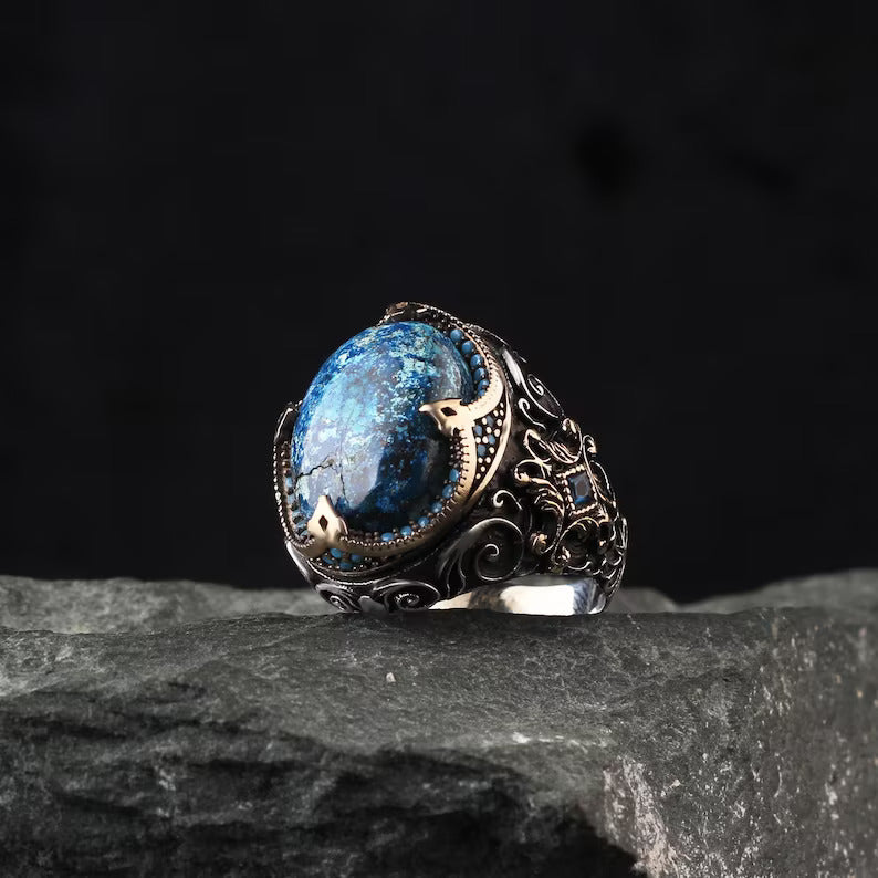 Zyan Gems | Unique Designed Turkish Style Ring with Natural IraniTurquoise (Firoza) |  Sterling Silver Oxidized Ring