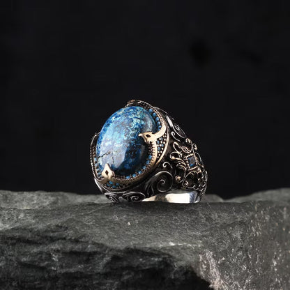 Zyan Gems | Unique Designed Turkish Style Ring with Natural IraniTurquoise (Firoza) |  Sterling Silver Oxidized Ring