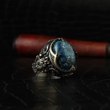 Zyan Gems | Unique Designed Turkish Style Ring with Natural IraniTurquoise (Firoza) |  Sterling Silver Oxidized Ring
