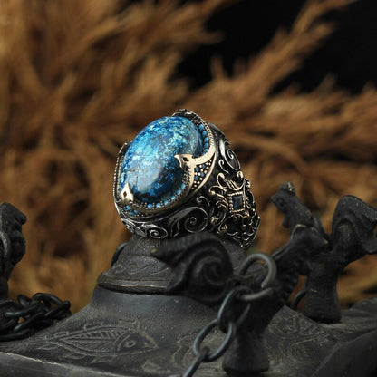 Zyan Gems | Unique Designed Turkish Style Ring with Natural IraniTurquoise (Firoza) |  Sterling Silver Oxidized Ring