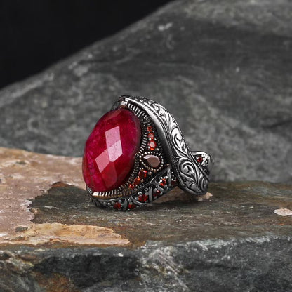 Zyan Gems | Unique Designed Turkish Style Heavy Ring with Natural Red Ruby GOLD PLATED Micron Plated 925 Sterling Silver Oxidized Ring Jewelry Authenticity and 925
