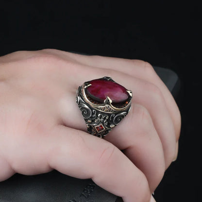Zyan Gems | Unique Designed Turkish Style Heavy Ring with Natural Red Ruby GOLD PLATED Micron Plated 925 Sterling Silver Oxidized Ring Jewelry Authenticity and 925