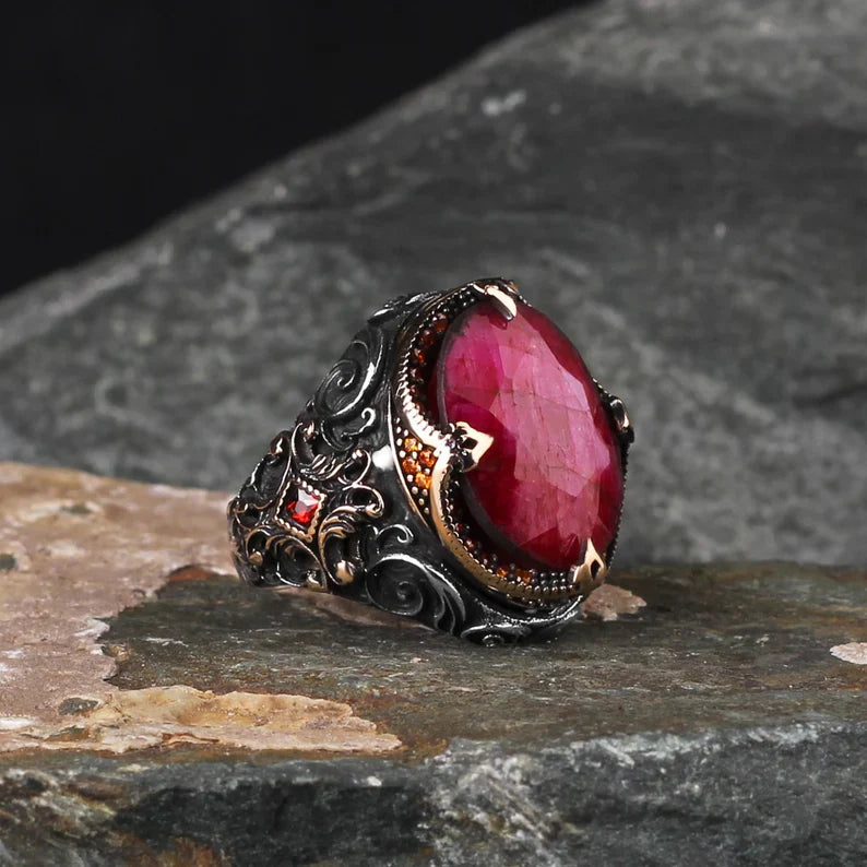 Zyan Gems | Unique Designed Turkish Style Heavy Ring with Natural Red Ruby GOLD PLATED Micron Plated 925 Sterling Silver Oxidized Ring Jewelry Authenticity and 925