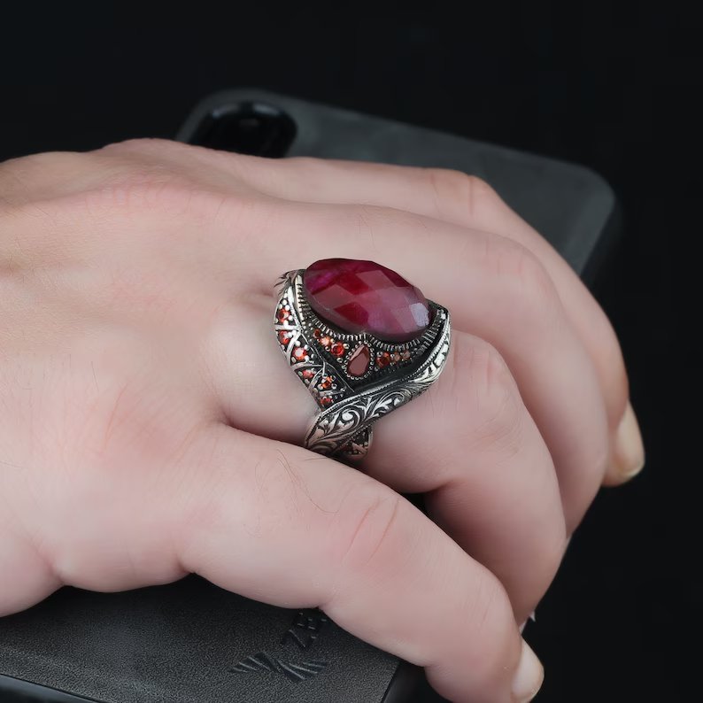 Zyan Gems | Unique Designed Turkish Style Heavy Ring with Natural Red Ruby GOLD PLATED Micron Plated  Sterling Silver Oxidized Ring