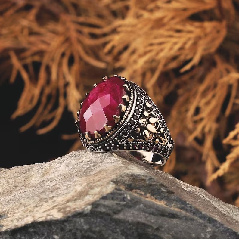 Zyan Gems | Unique Designed Turkish Style Heavy Ring with Natural Red Ruby GOLD PLATED Micron Plated 925 Sterling Silver Oxidized Ring Jewelry Authenticity and 925