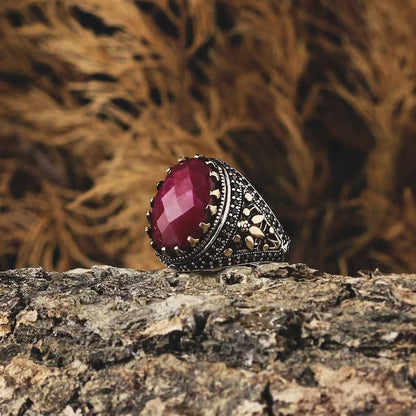 Zyan Gems | Unique Designed Turkish Style Heavy Ring with Natural Red Ruby |  Gold Micron Plated  Sterling Silver Oxidized Ring