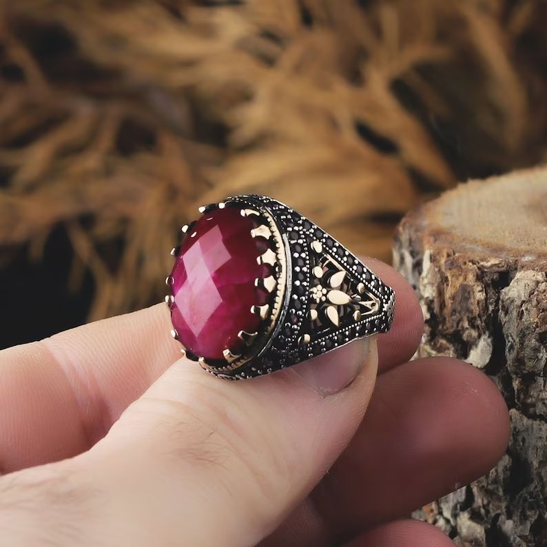 Zyan Gems | Unique Designed Turkish Style Heavy Ring with Natural Red Ruby |  Gold Micron Plated  Sterling Silver Oxidized Ring