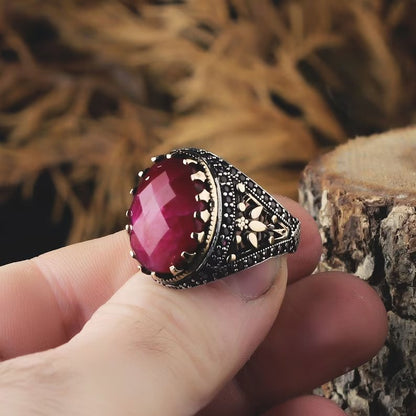 Zyan Gems | Unique Designed Turkish Style Heavy Ring with Natural Red Ruby |  Gold Micron Plated  Sterling Silver Oxidized Ring