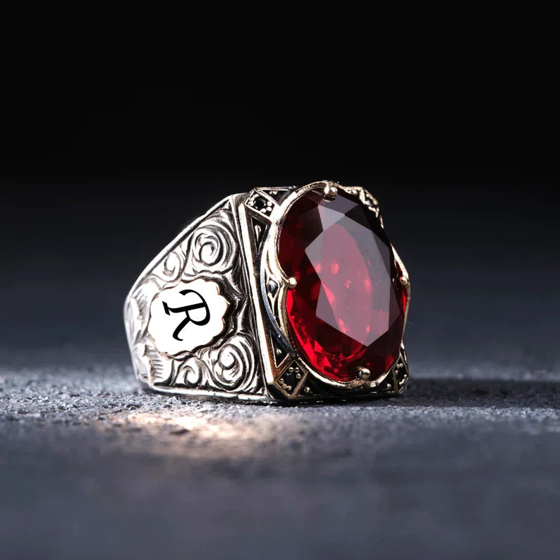 Zyan Gems | Unique Designed Ring with Custom Name Initiall, Studded Natural  with Hessonite Stone (Gomed) With Certificate of Authenticity and