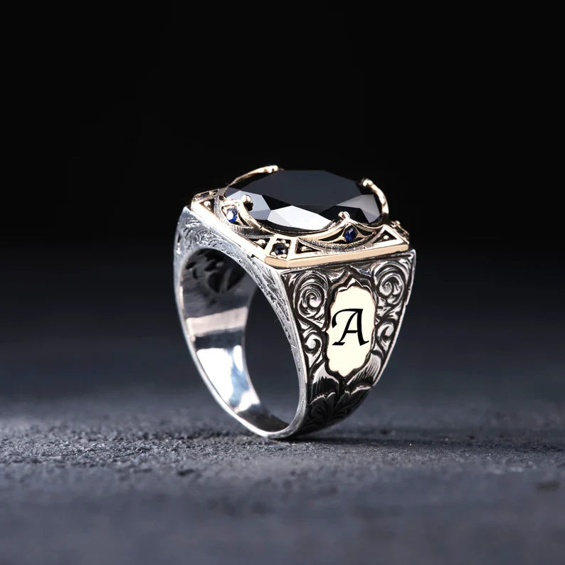 Zyan Gems | Unique Turkish Style Ring with Natural Black Onyx | With Custom Name Initial,  Sterling Silver Ring