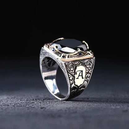 Zyan Gems | Unique Turkish Style Ring with Natural Black Onyx | With Custom Name Initial,  Sterling Silver Ring