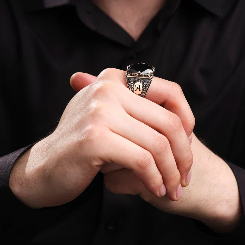 Zyan Gems | Unique Turkish Style Ring with Natural Black Onyx | With Custom Name Initial,  Sterling Silver Ring