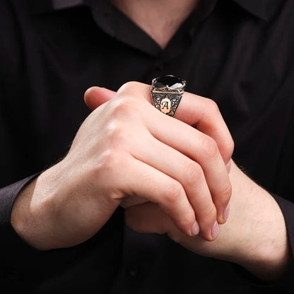 Zyan Gems | Unique Turkish Style Ring with Natural Black Onyx | With Custom Name Initial,  Sterling Silver Ring