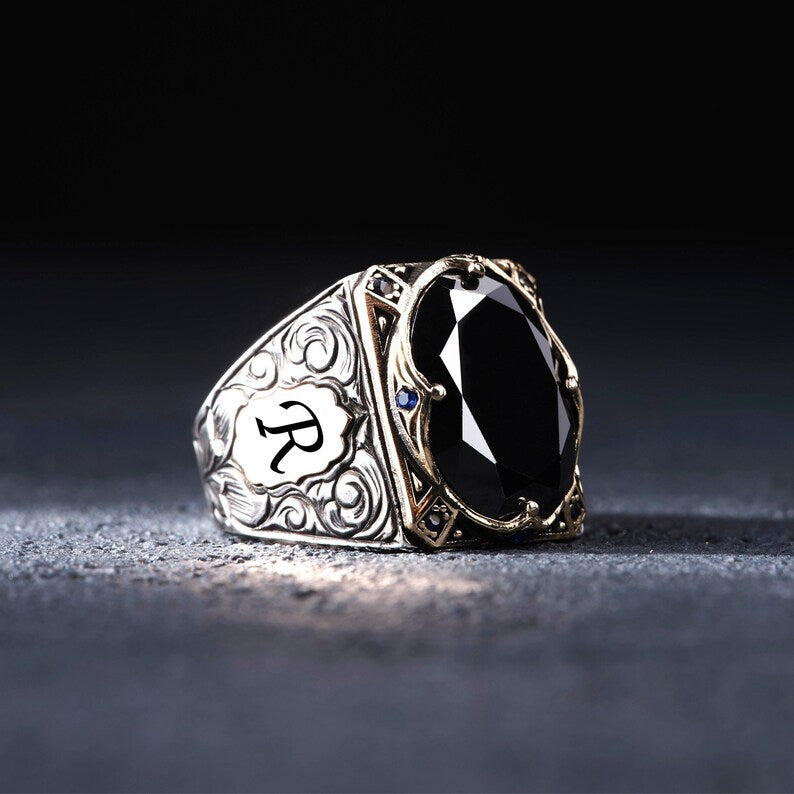 Zyan Gems | Unique Turkish Style Ring with Natural Black Onyx | With Custom Name Initial,  Sterling Silver Ring