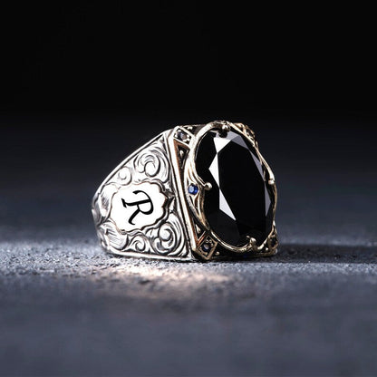 Zyan Gems | Unique Turkish Style Ring with Natural Black Onyx | With Custom Name Initial,  Sterling Silver Ring
