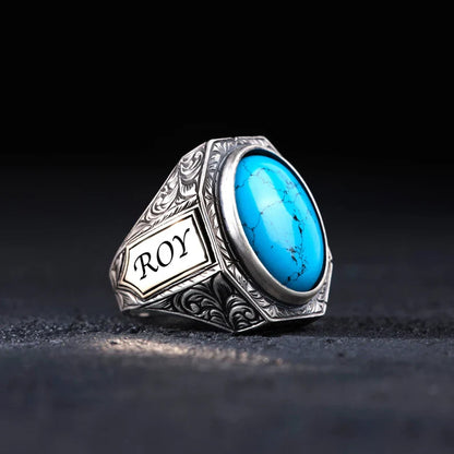 Zyan Gems | Unique Designed Turkish Style Ring with Natural Irani Turquoise (Firoza) |  Sterling Silver Oxidized Ring