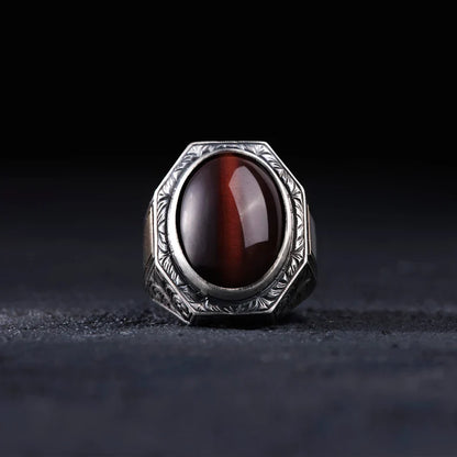 Zyan Gems | Unique Designed Turkish Style Ring with Natural Tiger Eye  |  Sterling Silver Oxidized Ring
