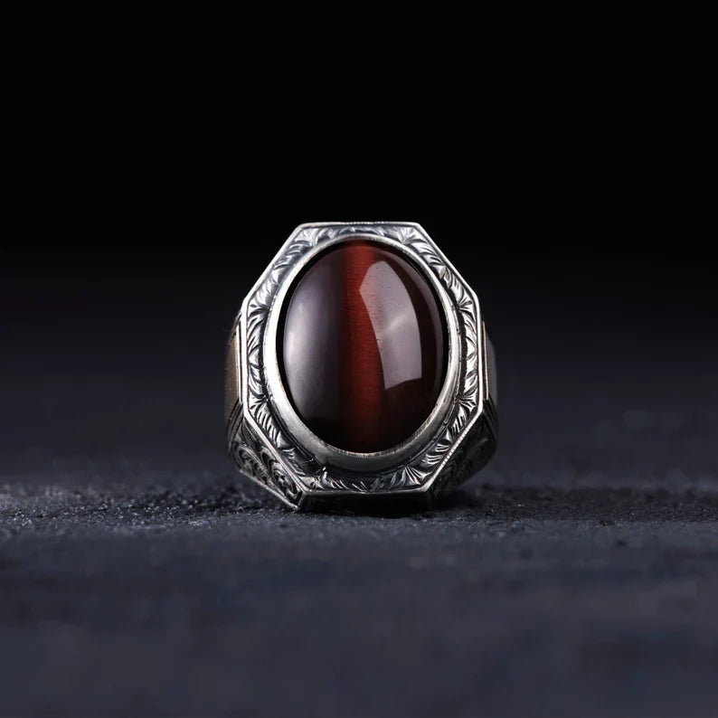 Zyan Gems | Unique Designed Turkish Style Ring with Natural Tiger Eye  |  Sterling Silver Oxidized Ring