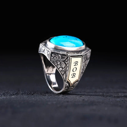 Zyan Gems | Unique Designed Turkish Style Ring with Natural Irani Turquoise (Firoza) |  Sterling Silver Oxidized Ring