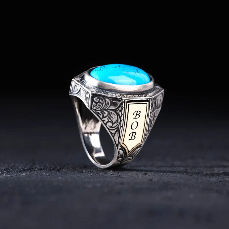 Zyan Gems | Unique Designed Turkish Style Ring with Natural Irani Turquoise (Firoza) |  Sterling Silver Oxidized Ring