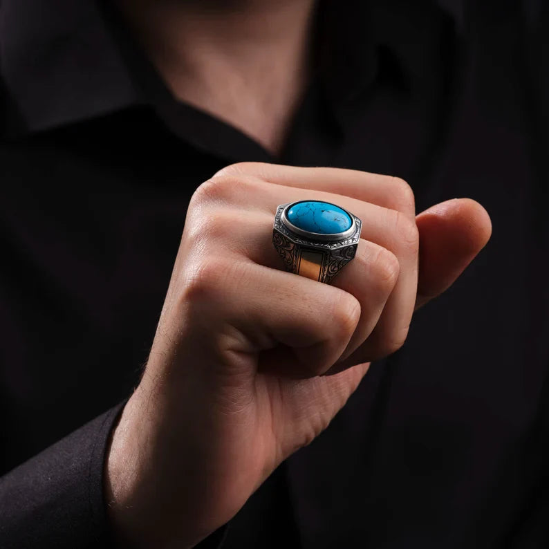 Zyan Gems | Unique Designed Turkish Style Ring with Natural Irani Turquoise (Firoza) |  Sterling Silver Oxidized Ring