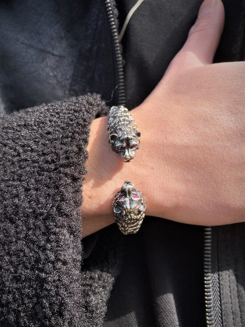 Adjustable Unique  Silver Oxidized Tiger Cuff | Bracelet for Men |  Sterling Silver Cuff