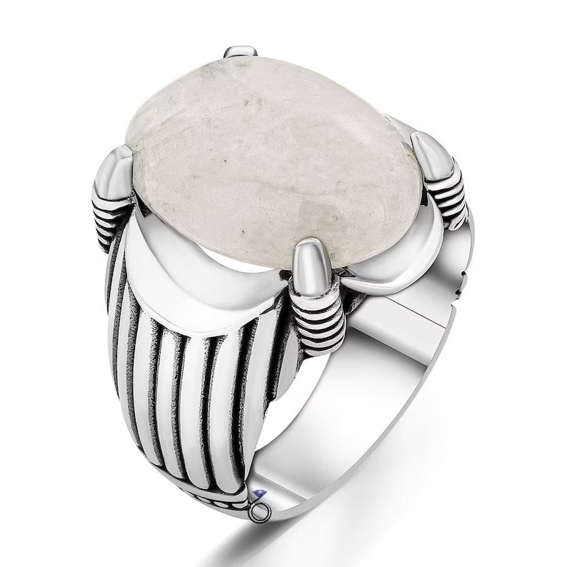 Zyan Gems | Unique Designed Turkish Style Ring with Natural Moonstone |  Sterling Silver Oxidized Ring | MRen's