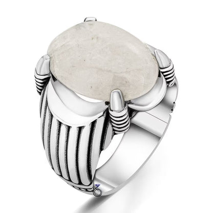 Zyan Gems | Unique Designed Turkish Style Ring with Natural Moonstone |  Sterling Silver Oxidized Ring | MRen's