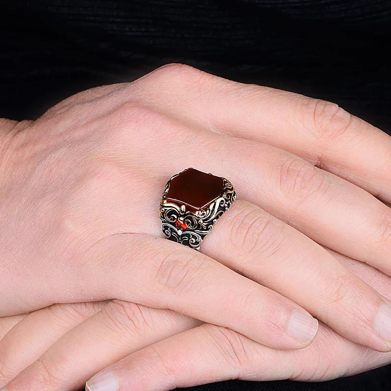 Zyan Gems | Unique Turkish Style Ring with Natural Red Agate |  Sterling Silver Oxidized Ring