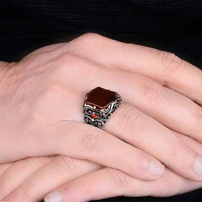 Zyan Gems | Unique Turkish Style Ring with Natural Red Agate |  Sterling Silver Oxidized Ring