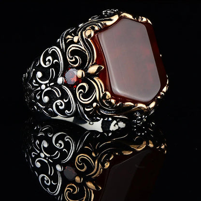 Zyan Gems | Unique Turkish Style Ring with Natural Red Agate |  Sterling Silver Oxidized Ring