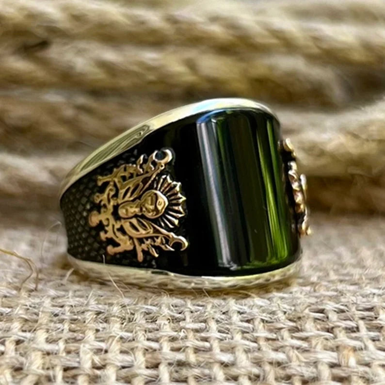 Zyan Gems | Unique Designed Turkish Style Curved Ring with Natural Black Onyx |  Sterling Silver Ring