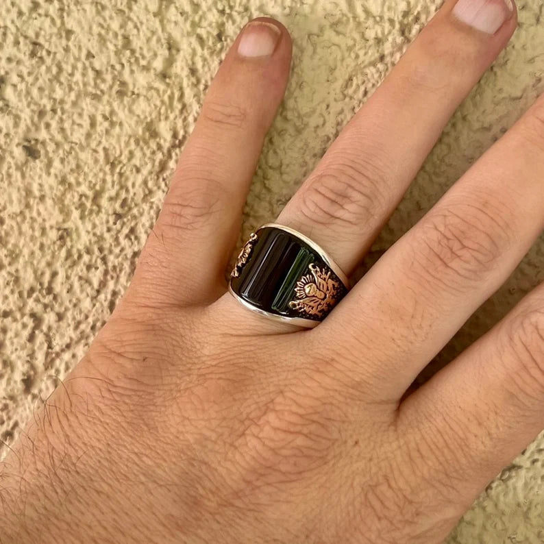 Zyan Gems | Unique Designed Turkish Style Curved Ring with Natural Black Onyx |  Sterling Silver Ring