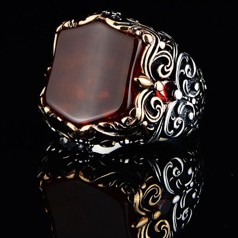 Zyan Gems | Unique Turkish Style Ring with Natural Red Agate |  Sterling Silver Oxidized Ring