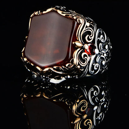 Zyan Gems | Unique Turkish Style Ring with Natural Red Agate |  Sterling Silver Oxidized Ring