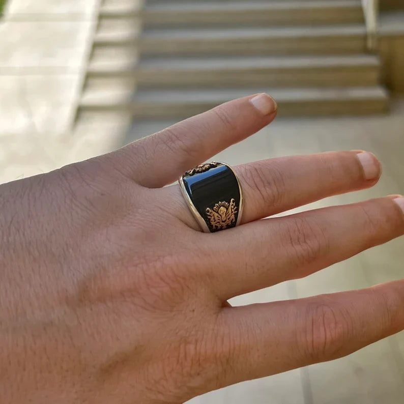 Zyan Gems | Unique Designed Turkish Style Curved Ring with Natural Black Onyx |  Sterling Silver Ring