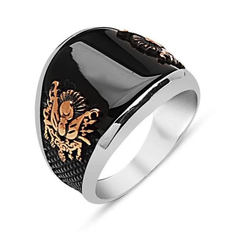Zyan Gems | Unique Designed Turkish Style Curved Ring with Natural Black Onyx |  Sterling Silver Ring